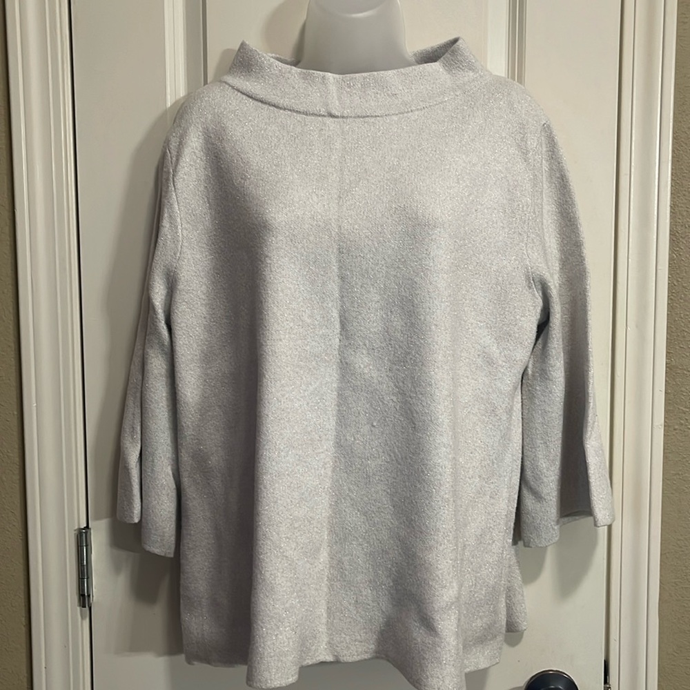 White/gray mock neck sweater with glittery thread through out size L